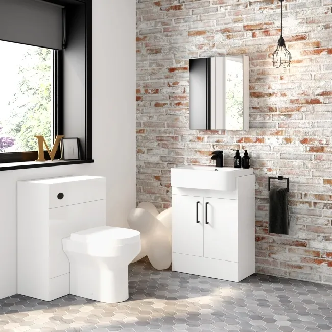 Harper Gloss White Vanity with Semi Recessed Basin 600mm - Black Accents