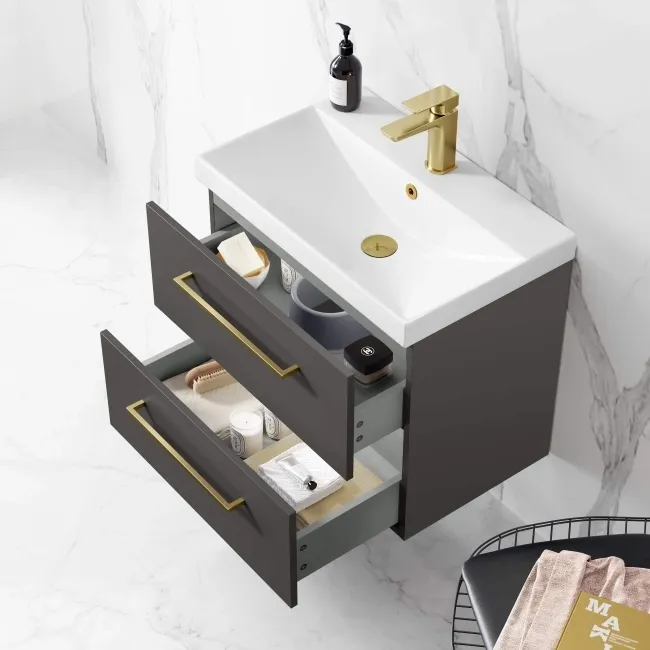 Elba Graphite Grey Wall Hung Basin Drawer Vanity 600mm - Brushed Brass Accents