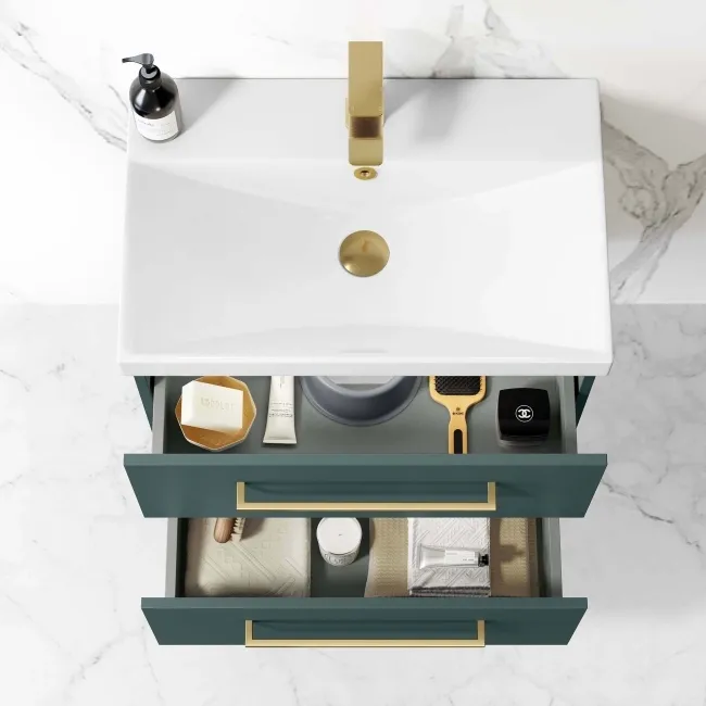 Elba Midnight Green Wall Hung Basin Drawer Vanity 600mm - Brushed Brass Accents