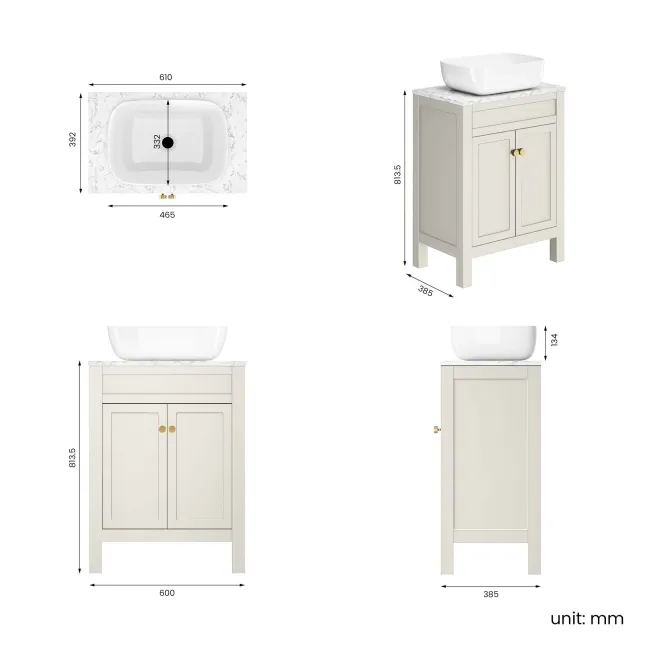 Bermuda Chalk White Vanity with Marble Top & Curved Counter Top Basin 600mm - Brushed Brass Accents