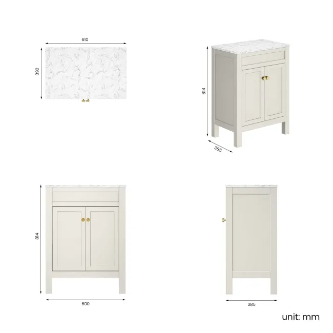 Bermuda Chalk White Cabinet with Marble Top 600mm Excludes Counter Top Basin - Brushed Brass Accents