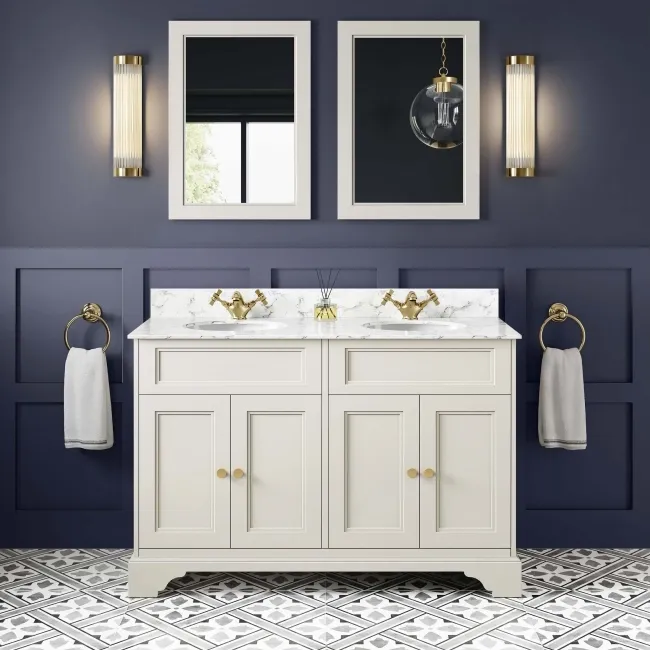 Lucia Chalk White Double Vanity with Marble Top & Undermount Basins 1200mm - Brushed Brass Accents