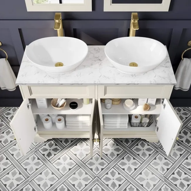 Lucia Chalk White Double Vanity with Marble Top & Oval Counter Top Basin 1200mm - Brushed Brass Accents