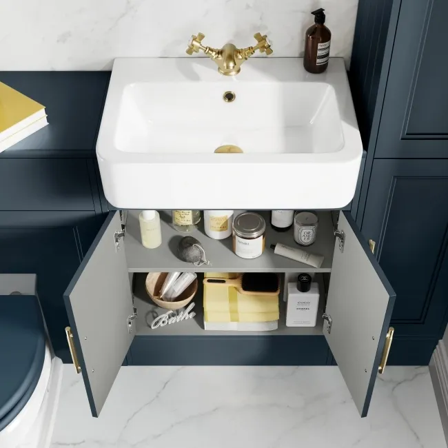 Monaco Inky Blue Basin Vanity 600mm - Brass Knurled Handles