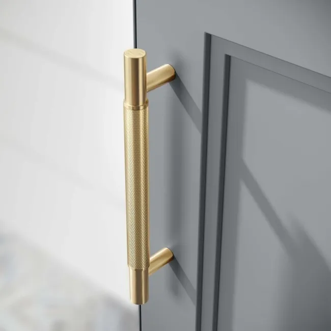 Lucia Dove Grey Corner Basin Vanity 400mm - Brass Knurled Handle