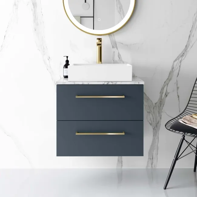 Elba Inky Blue Wall Hung Drawer Vanity with Marble Top & Cody Basin 600mm - Brushed Brass Accents