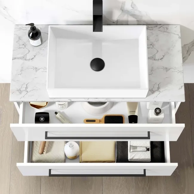 Elba Gloss White Wall Hung Drawer Vanity with Marble Top & Cody Basin 800mm - Black Accents