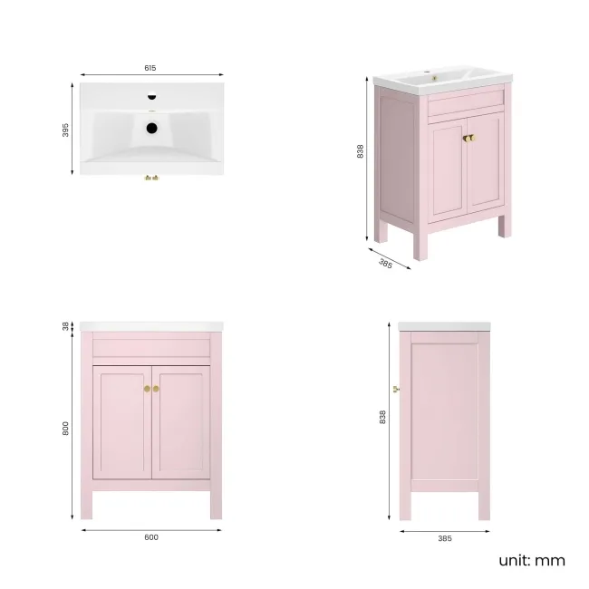 Bermuda Cashmere Pink Basin Vanity 600mm - Brushed Brass Accents