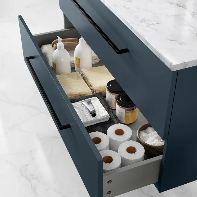 Elba Inky Blue Wall Hung Drawer Vanity with Marble Top & Curved Counter Top Basin 1000mm - Black Accents