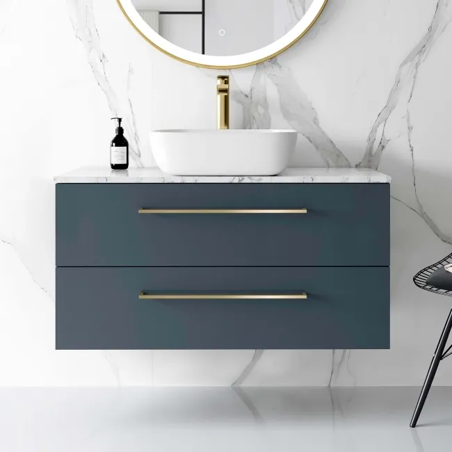 Elba Inky Blue Wall Hung Drawer Vanity with Marble Top & Curved Counter Top Basin 1000mm - Brushed Brass Accents