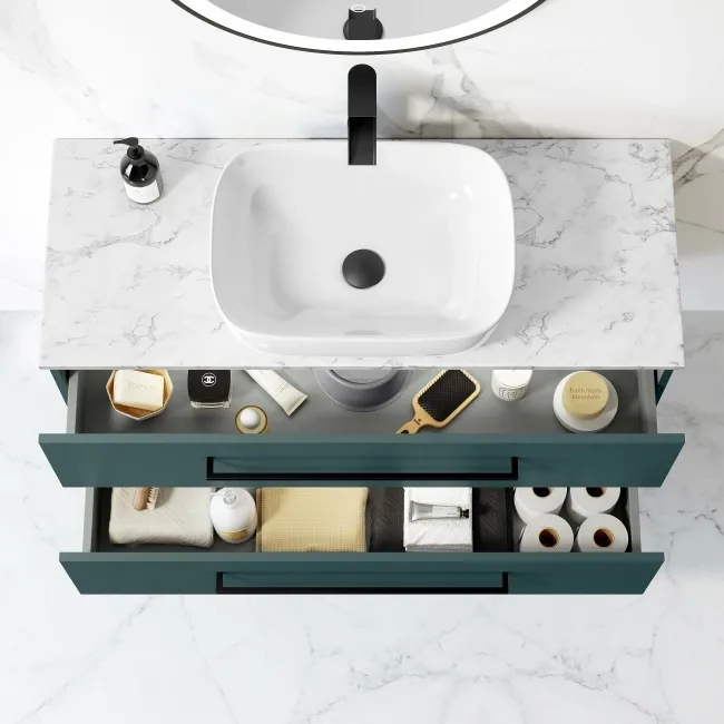 Elba Midnight Green Wall Hung Drawer Vanity with Marble Top & Curved Counter Top Basin 1000mm - Black Accents