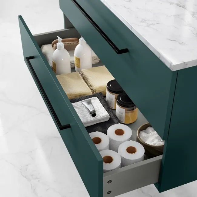 Elba Midnight Green Wall Hung Drawer Vanity with Marble Top & Curved Counter Top Basin 1000mm - Black Accents