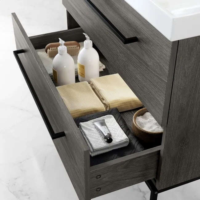 Elba Charcoal Elm Wall Hung Basin Drawer Vanity 800mm with Matt Black Stand