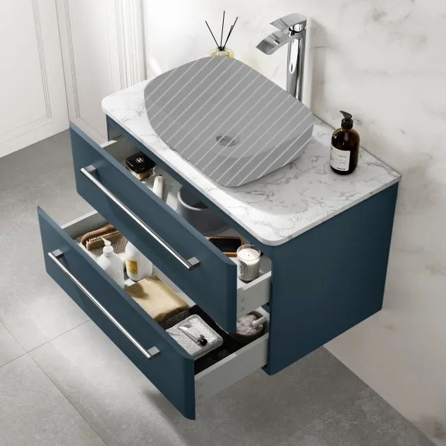Omaha Navy Blue Wall Hung Drawer Vanity with Marble Top 800mm - Excludes Counter Top Basin
