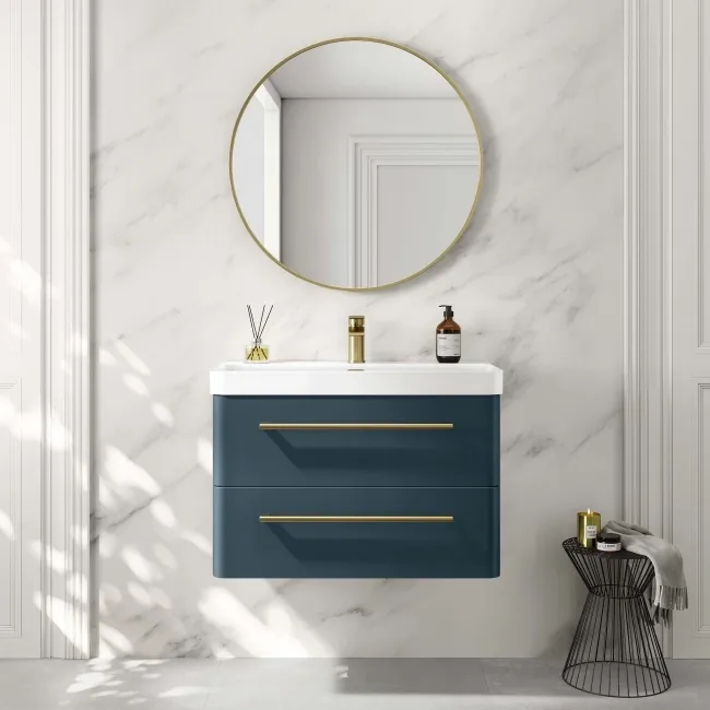 Omaha Navy Blue Wall Hung Basin Drawer Vanity 800mm - Brushed Brass Accents