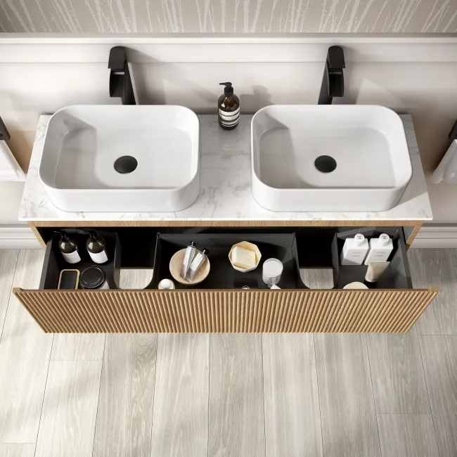 Malta Fluted Country Oak Double Wall Hung Drawer Vanity with Marble Top & Marin Basin 1200mm