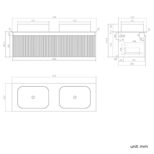 Malta Fluted Country Oak Double Wall Hung Drawer Vanity with Marble Top & Marin Basin 1200mm