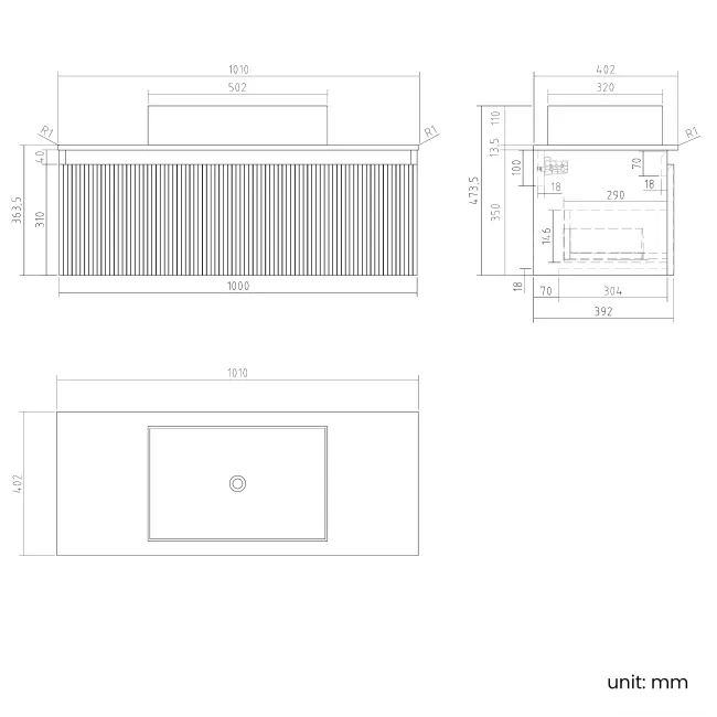 Malta Fluted Black Walnut Wall Hung Drawer Vanity with Marble Top & Cody Basin 1000mm