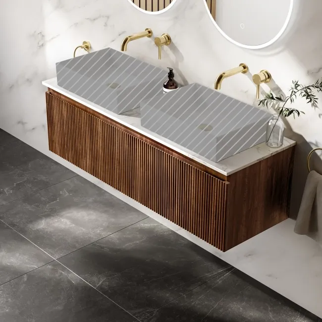 Malta Fluted Black Walnut Double Wall Hung Drawer Vanity with Marble Top 1200mm - Excludes Counter Top Basin