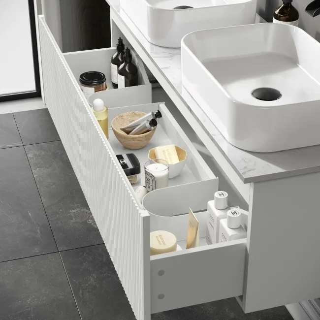 Malta Fluted Coastal White Double Wall Hung Drawer Vanity with Marble Top & Marin Basin 1200mm
