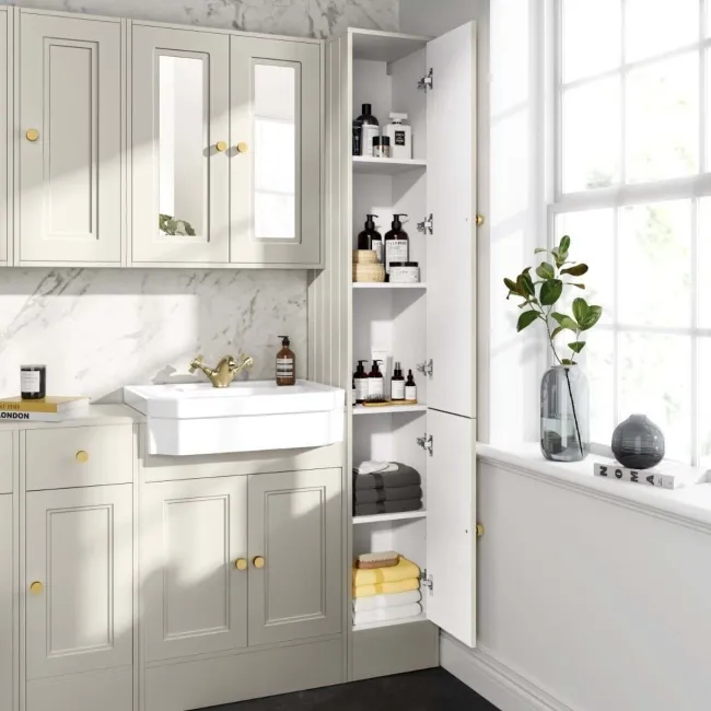 Monaco Chalk White Floor Standing Tall Cabinet Unit 300mm - Brushed Brass Accents