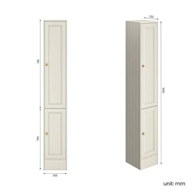 Monaco Chalk White Floor Standing Tall Cabinet Unit 300mm - Brushed Brass Accents