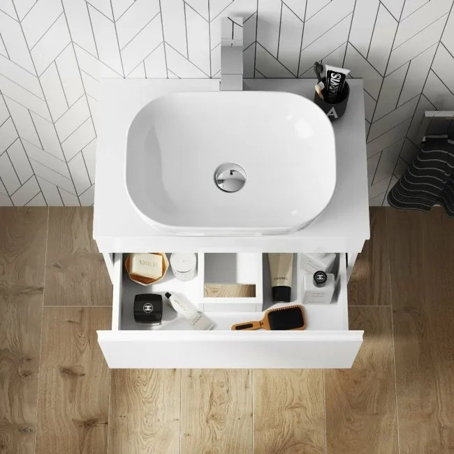 Trent Gloss White Wall Hung Drawer Vanity with Curved Counter Top Basin 600mm