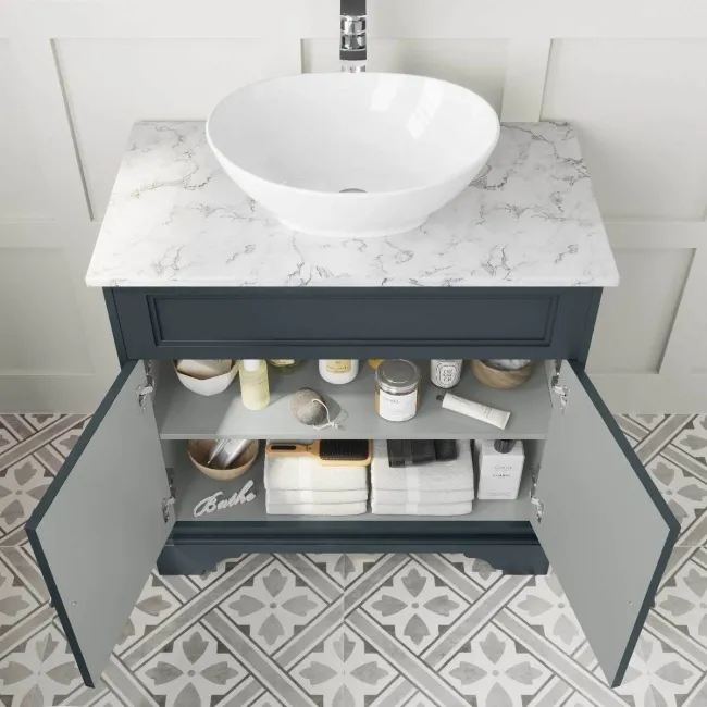 Lucia Inky Blue Vanity with Marble Top & Oval Counter Top Basin 840mm