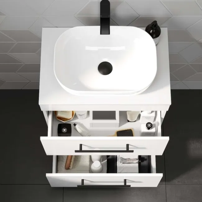 Avon Gloss White Vanity Drawer with Curved Counter Top Basin 600mm - Black Accents