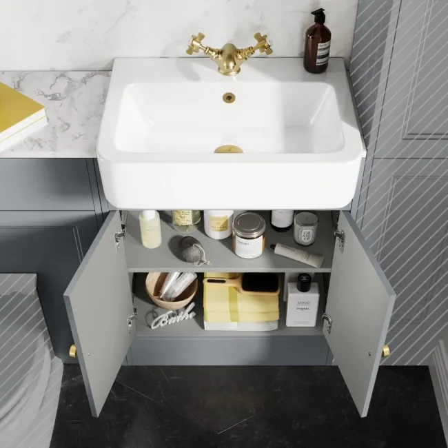 Monaco Dove Grey Combination Vanity Basin with Marble Top 1200mm (Excludes Pan & Cistern) - Brushed Brass Accents