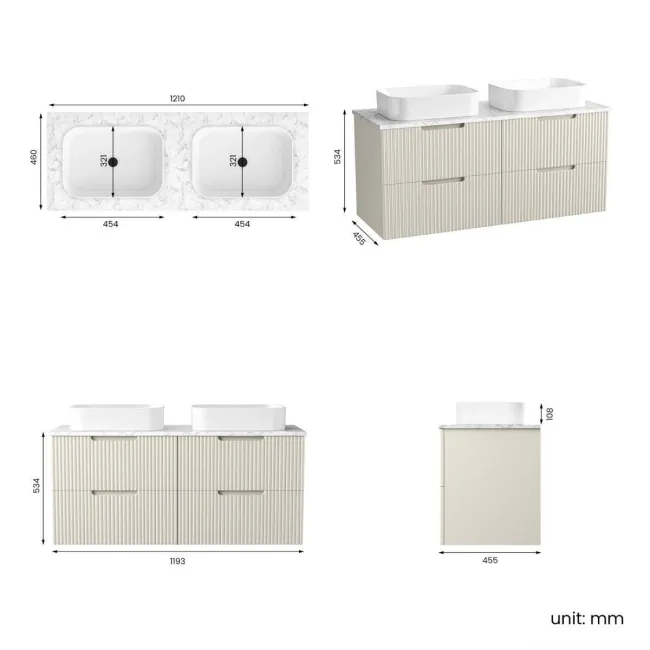 Crete Fluted Linen White Double Wall Hung Drawer Vanity with Marble Top & Marin Basin 1200mm