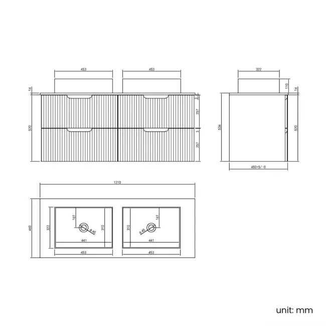 Crete Fluted Navy Blue Double Wall Hung Drawer Vanity with Marble Top & Cody Basin 1200mm