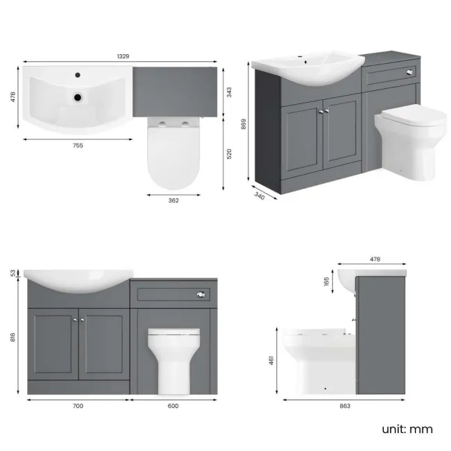 Capri Fog Grey Combination Vanity Basin and Denver Toilet 1350mm - Chrome Handles