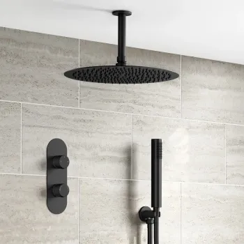 Ballina Premium Ceiling Matt Black Round Thermostatic Shower Set - 300mm Head & Hand Shower