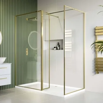 Munich Brushed Brass Framed 8mm Walk In Shower Enclosure 1000mm & 900mm Glass with Return Panel