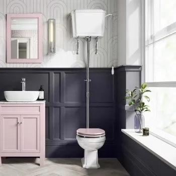 Hudson Traditional Toilet With High-Level Cistern and Cashmere Pink Wooden Seat
