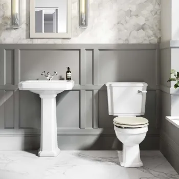 Hudson Traditional Close Coupled Toilet With Chalk White Seat & Pedestal Basin - Single Tap Hole