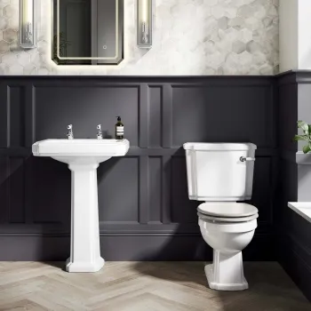 Hudson Traditional Toilet With Cotton White Seat & Pedestal Basin Set - Double Tap Hole