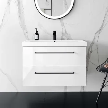 Elba Gloss White Wall Hung Basin Drawer Vanity 800mm - Black Accents