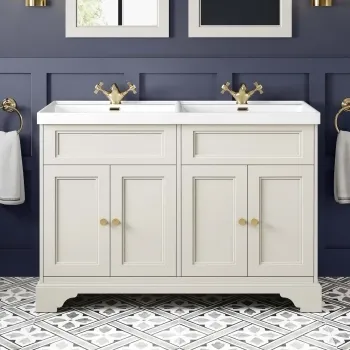 Lucia Chalk White Double Basin Vanity 1200mm - Brushed Brass Accents