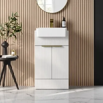 Sicily Fluted Coastal White Vanity with Semi Recessed Basin 500mm - Brushed Brass Accents