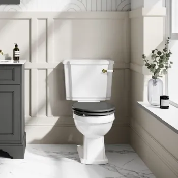 Hudson Traditional Close Coupled Toilet With Graphite Grey Wooden Seat - Brushed Brass Lever