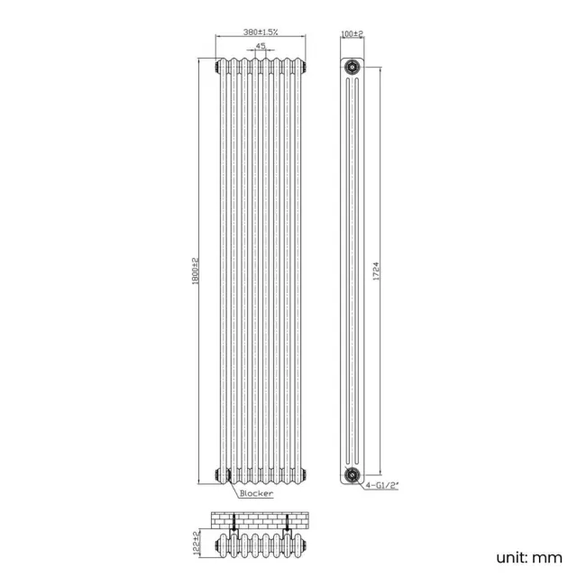 Athens Antique Gold Triple Column Vertical Traditional Radiator 1800x380mm