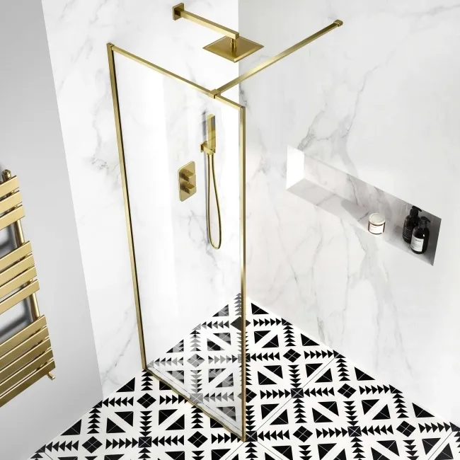 Munich Brushed Brass Framed Easy Clean 8mm Wet Room Shower Glass Panel 800mm
