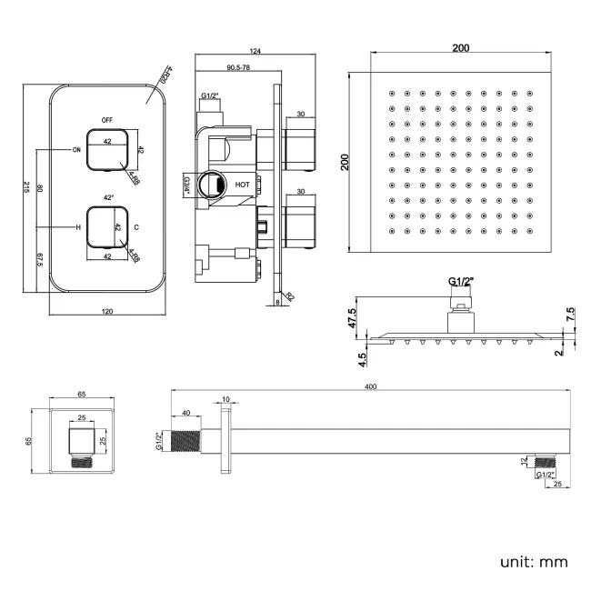 Galway Premium Chrome Square Thermostatic Shower Set - 200mm Head