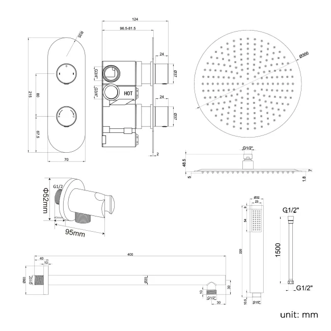 Ballina Premium Matt Black Round Thermostatic Shower Set - 300mm Head & Hand Shower
