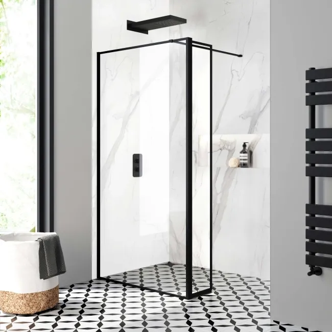 Munich Matt Black Framed 8mm Wet Room Shower Glass 1000mm & 250mm Pivotal Return Panel