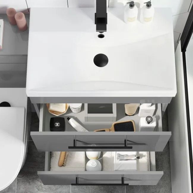 Avon Stone Grey Combination Basin Drawer and Boston Toilet 1100mm - Black Accents