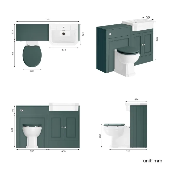 Monaco Midnight Green Combination Vanity Traditional Basin and Hudson Toilet with Wooden Seat 1200mm