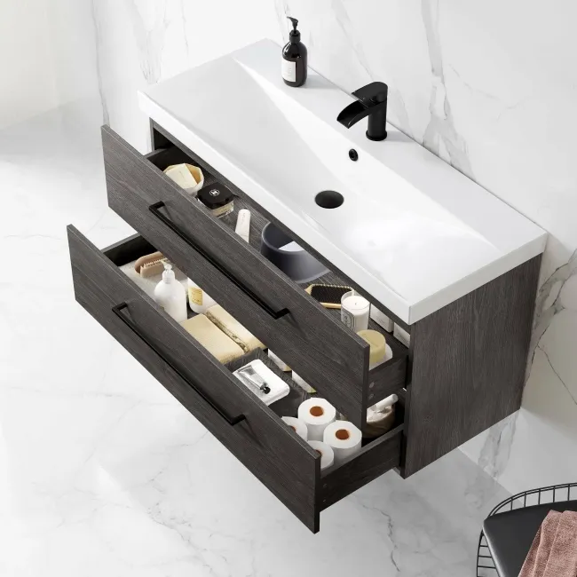 Elba Charcoal Elm Wall Hung Basin Drawer Vanity 1000mm - Black Accents